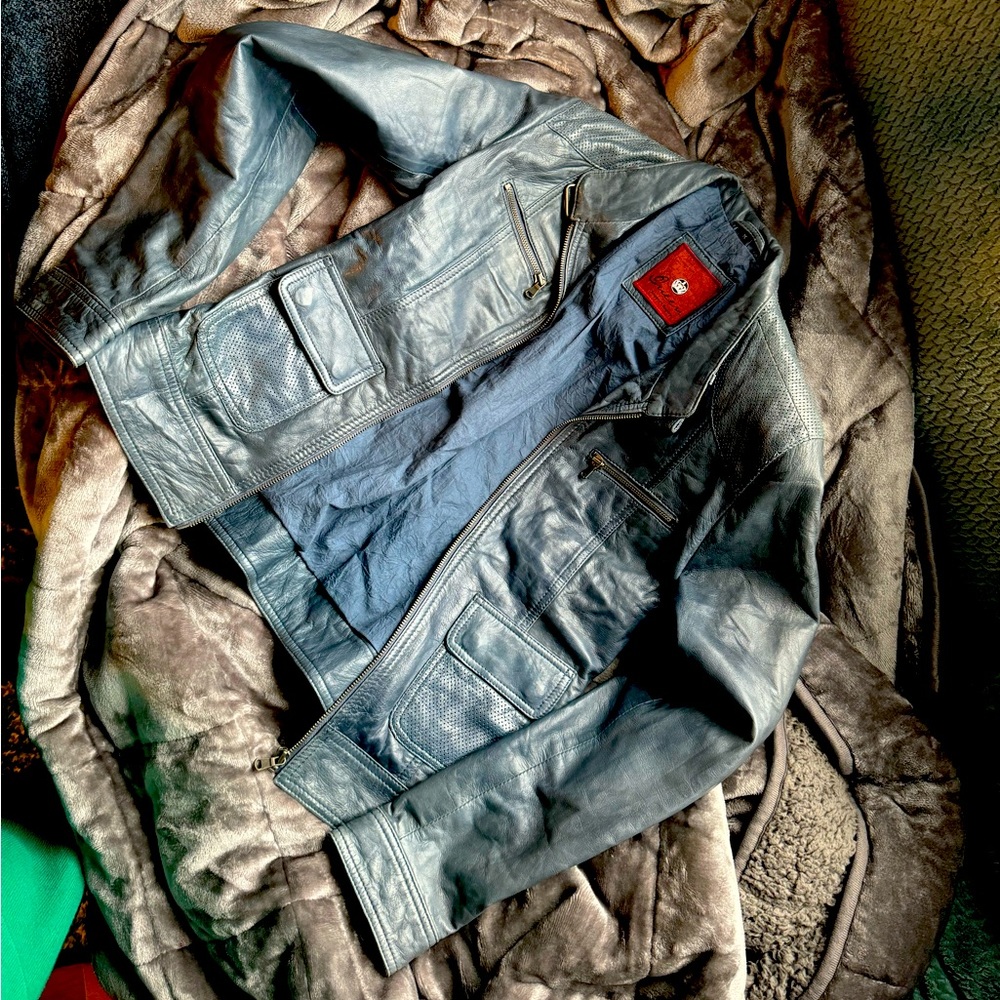 Blue Leather Moto Jacket